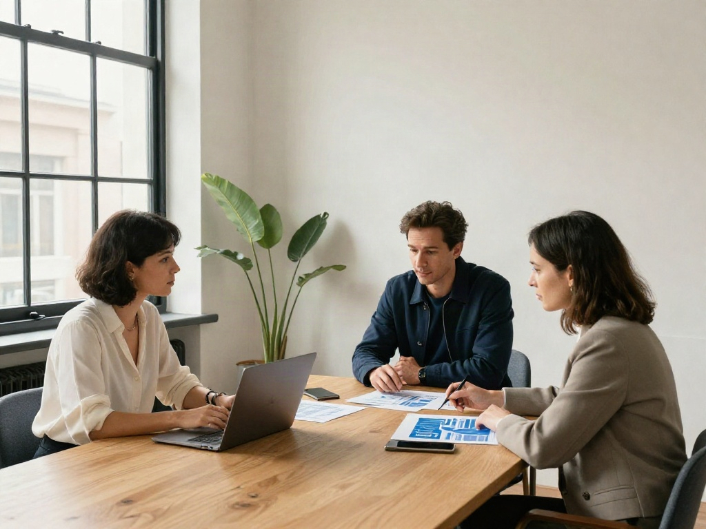 Three colleagues reviewing business charts together in a sunlit consulting studio
